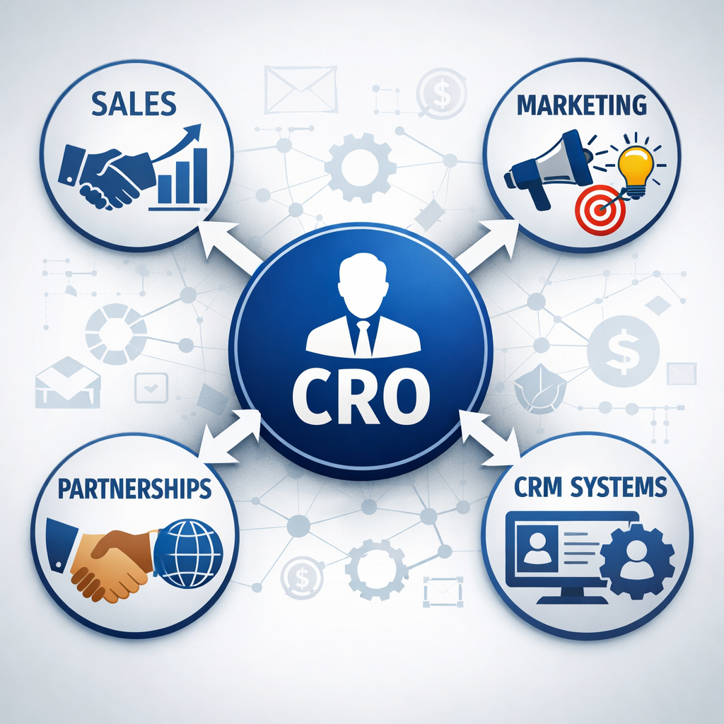 A central node representing the CRO connected to surrounding elements like sales marketing partnerships and CRM systems Lines or arrows show the CRO c-1 A central node representing the CRO connected to surrounding elements like sales marketing partnerships and CRM systems Lines or arrows show the CRO c-1