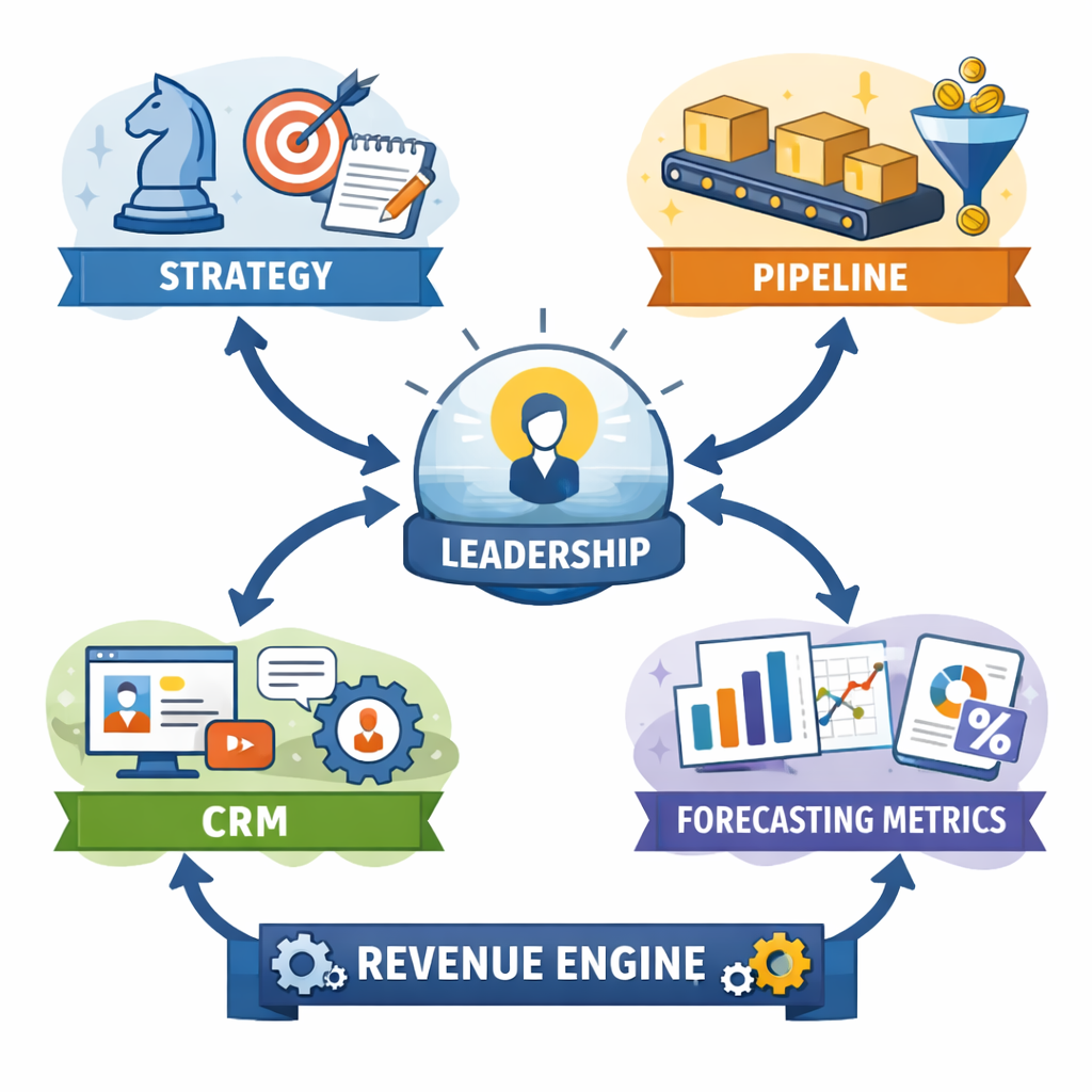 A clean illustration showing interconnected elements such as strategy pipeline CRM and forecasting metrics with a central leadership node guiding the-1