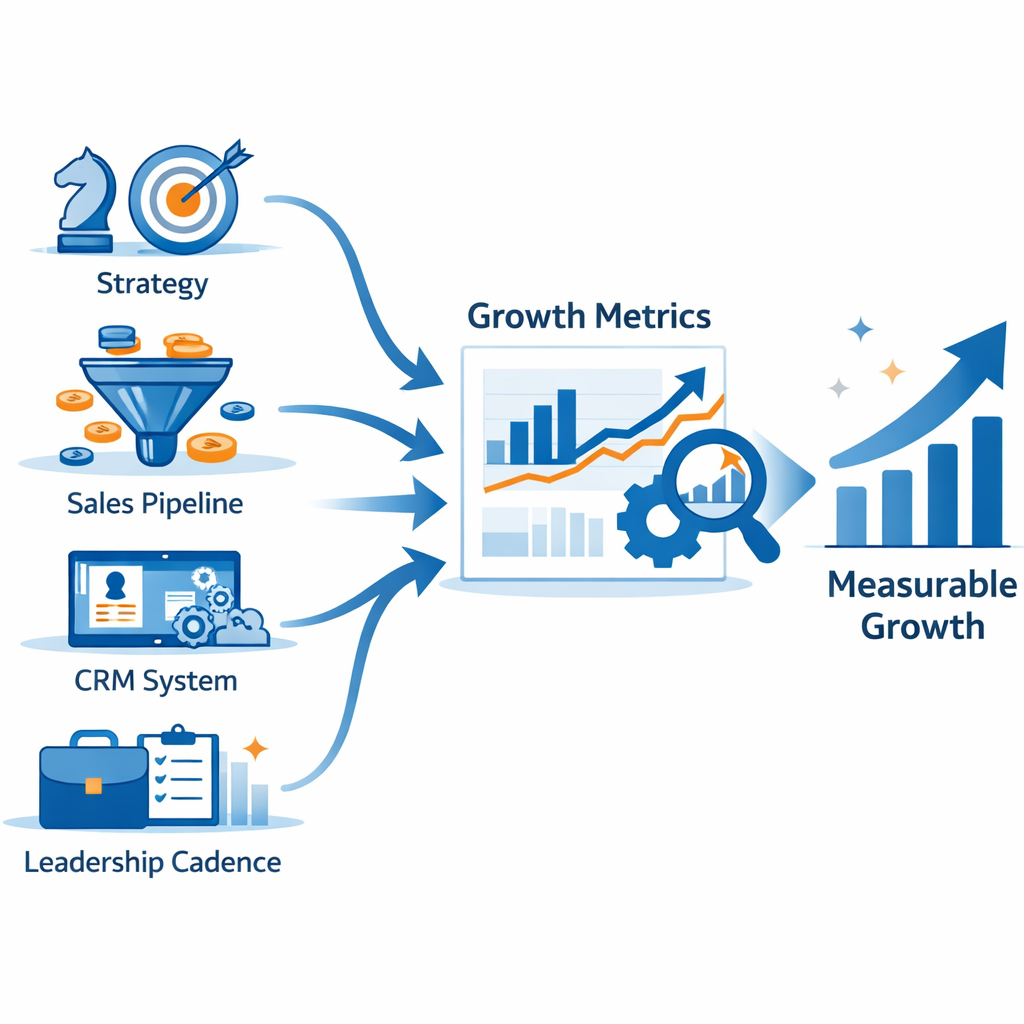 A clean modern illustration showing interconnected elements representing strategy sales pipeline CRM systems leadership cadence and growth metrics The-1