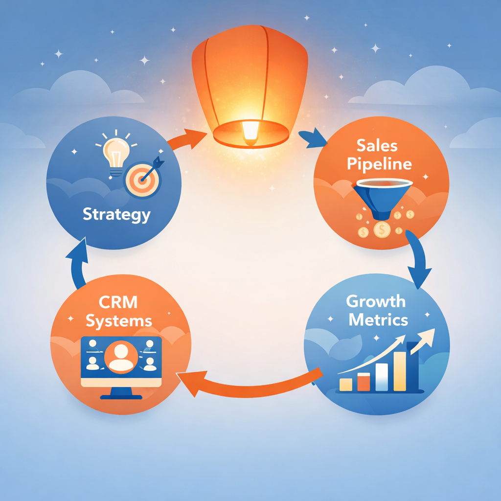 A clean modern vector illustration showing a structured revenue system Circular or connected elements represent strategy sales pipeline CRM systems an A clean modern vector illustration showing a structured revenue system Circular or connected elements represent strategy sales pipeline CRM systems an