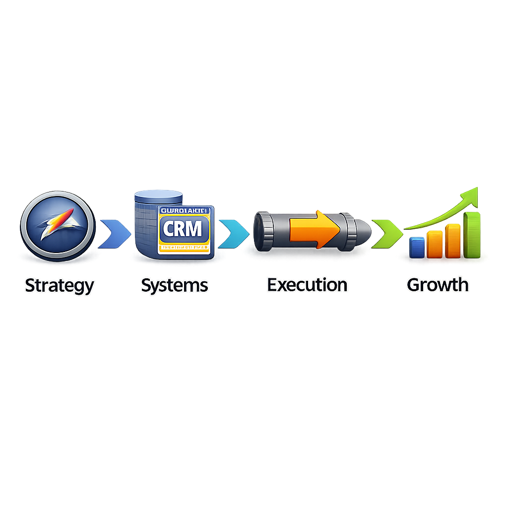 A horizontal or slightly upward flow with 34 connected stagesStrategy  Systems  Execution  GrowthIcons could include a compass strategy CRM or databas