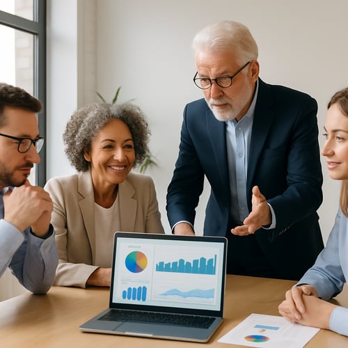 A senior leader guiding a small team in a bright workspace reviewing charts or CRM dashboards on a laptop or screen A senior leader guiding a small team in a bright workspace reviewing charts or CRM dashboards on a laptop or screen