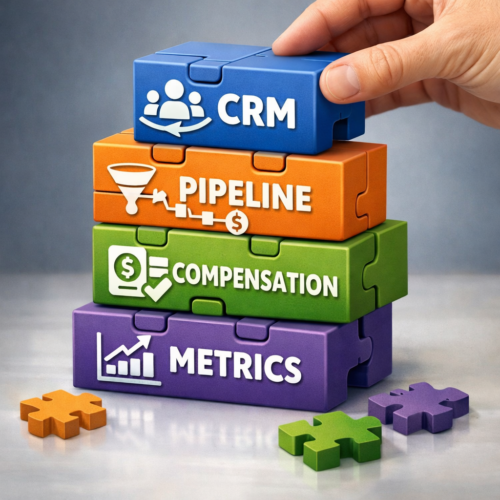 Stacked or modular blocks representing components of the revenue system CRM pipeline compensation metrics The blocks fit together like a structured sy