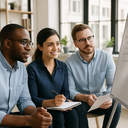 Two or three professionals sitting together in a bright open workspace reviewing notes or a whiteboard-1