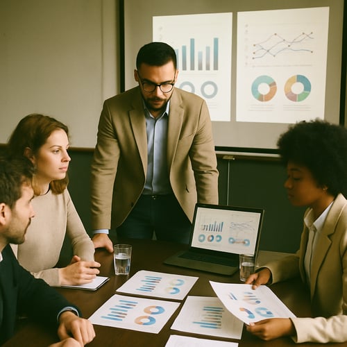 analogfilm A leader standing at a conference table with a small team reviewing charts or CRM dashboards