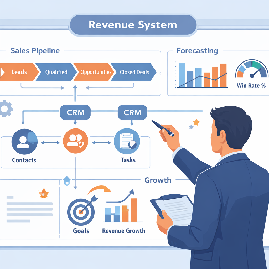 A clean illustration showing a leader reviewing a structured revenue system diagram with elements such as pipeline flow CRM nodes forecasting metrics-1