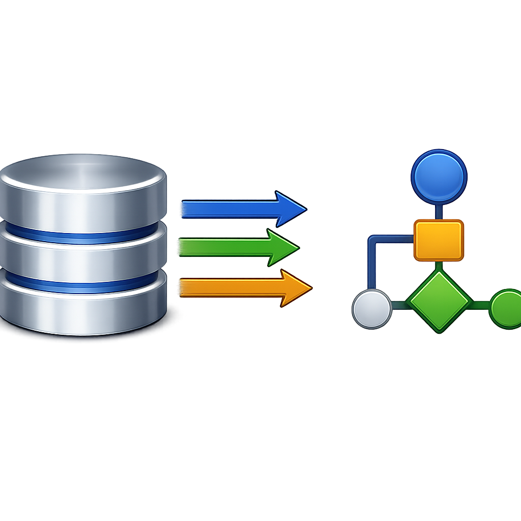 Database stack connected to workflow arrows icon transparent background