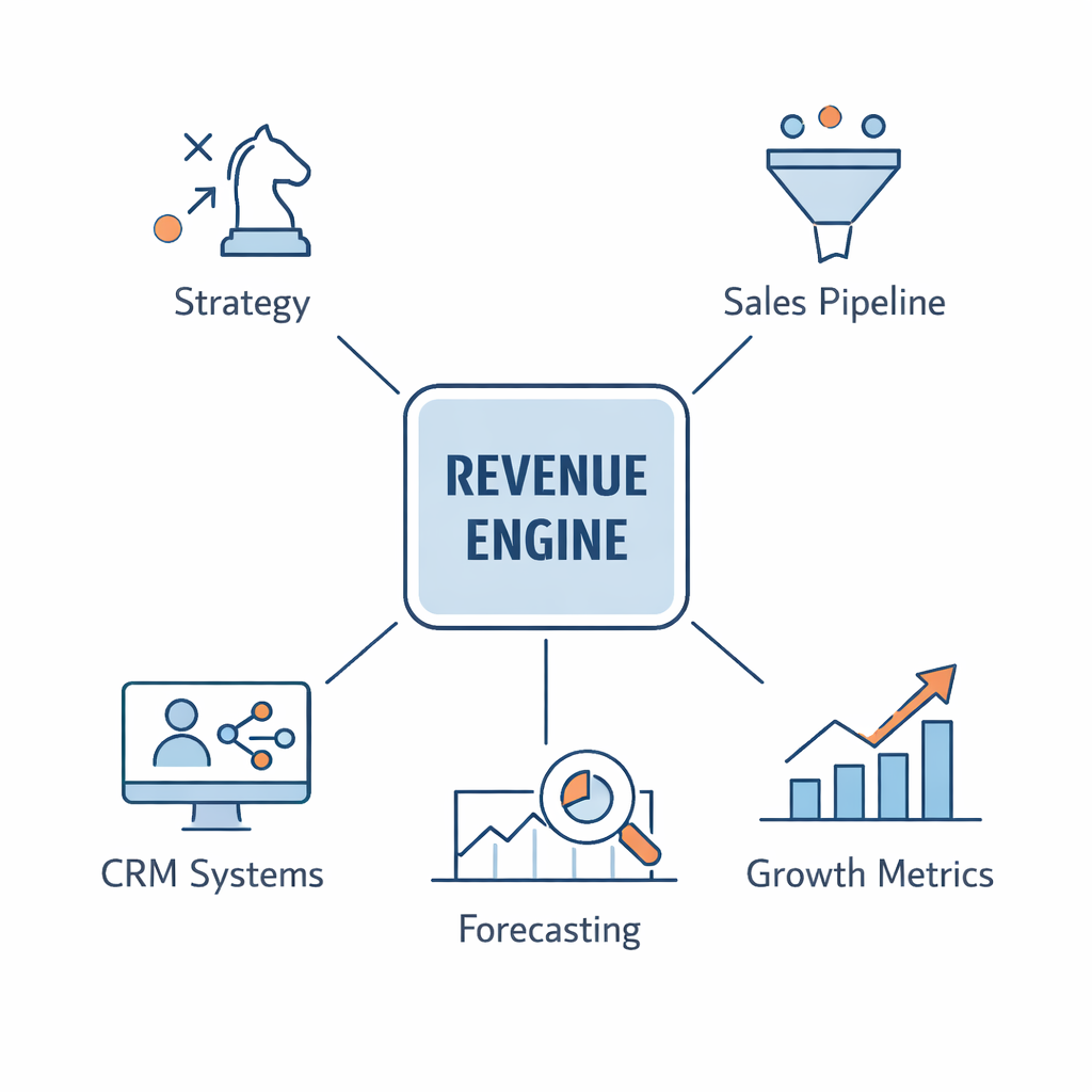 Minimal square vector illustration representing a revenue engine system A central hub labeled conceptually as the revenue engine connects to five surr-1